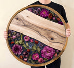 Pink Floral Mango Wood Serving Tray, held upright to show the printed design and overall shape.