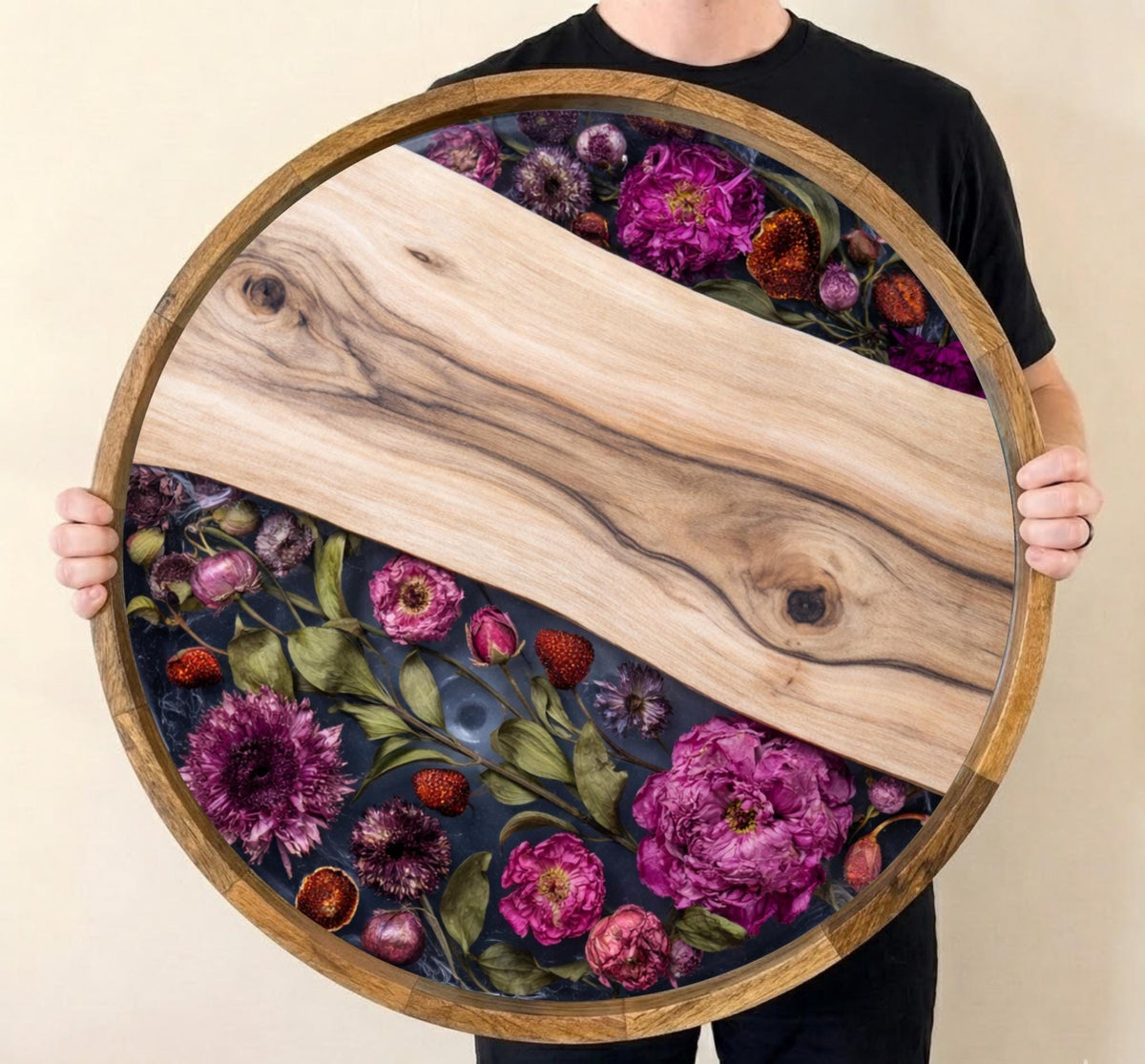 Pink Floral Mango Wood Serving Tray, held upright to show the printed design and overall shape.
