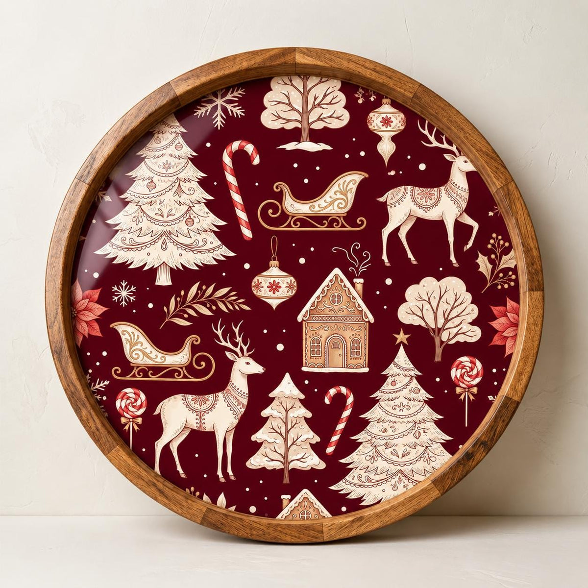 Top view of the round reindeer christmas wooden serving tray, showing the printed design.
