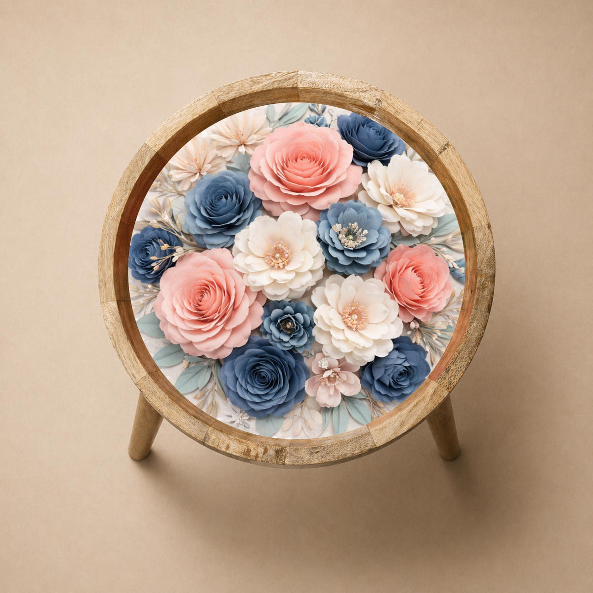 Top view of the vintage floral glass-top mango wood side stand, showing the printed design.