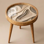 Styled view of the neutral abstract mango wood side table.
