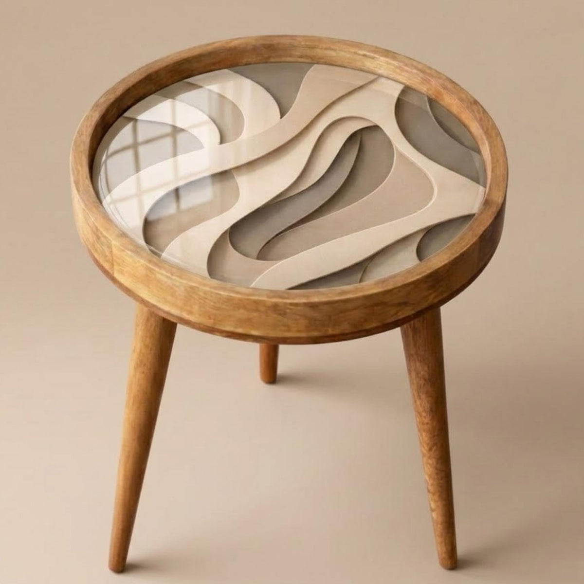 Styled view of the neutral abstract mango wood side table.