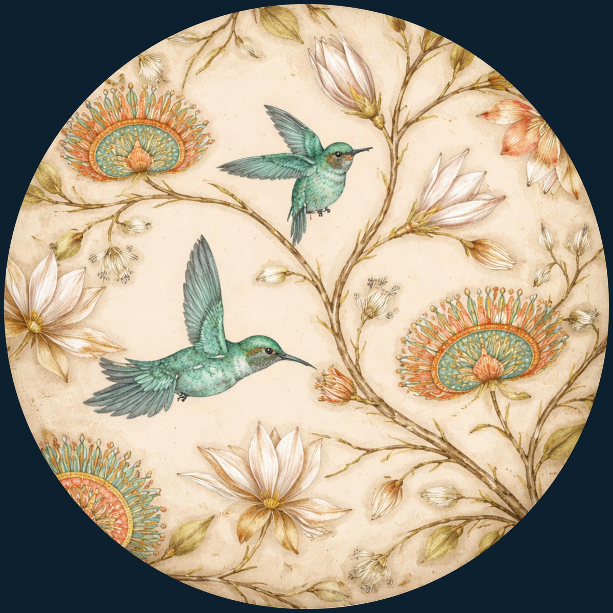 Printed artwork design for the hummingbird print round side table, glossy lacquer.