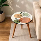 Top view of the japandi botanical print round side table, showing the printed design.