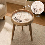 Neutral Botanical Mango Wood Side Table, styled in a room with an inset showing the printed artwork.