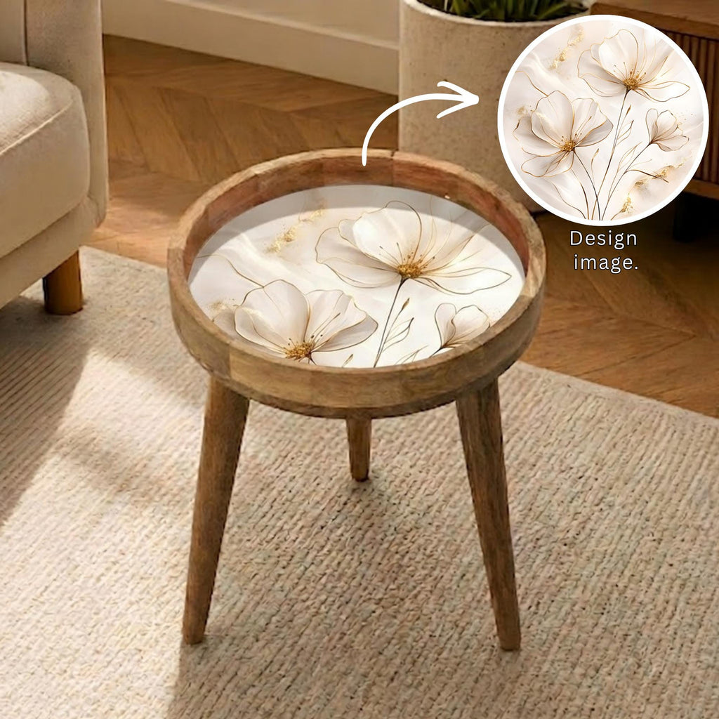 White Floral Print Mango Wood Side Table, styled in a room with an inset showing the printed artwork.