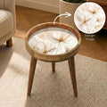 White Floral Print Mango Wood Side Table, styled in a room with an inset showing the printed artwork.