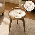 White Floral Print Mango Wood Side Table, styled in a room with an inset showing the printed artwork.
