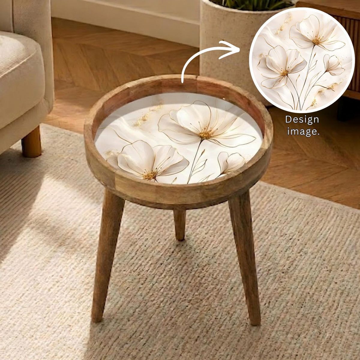 White Floral Print Mango Wood Side Table, styled in a room with an inset showing the printed artwork.