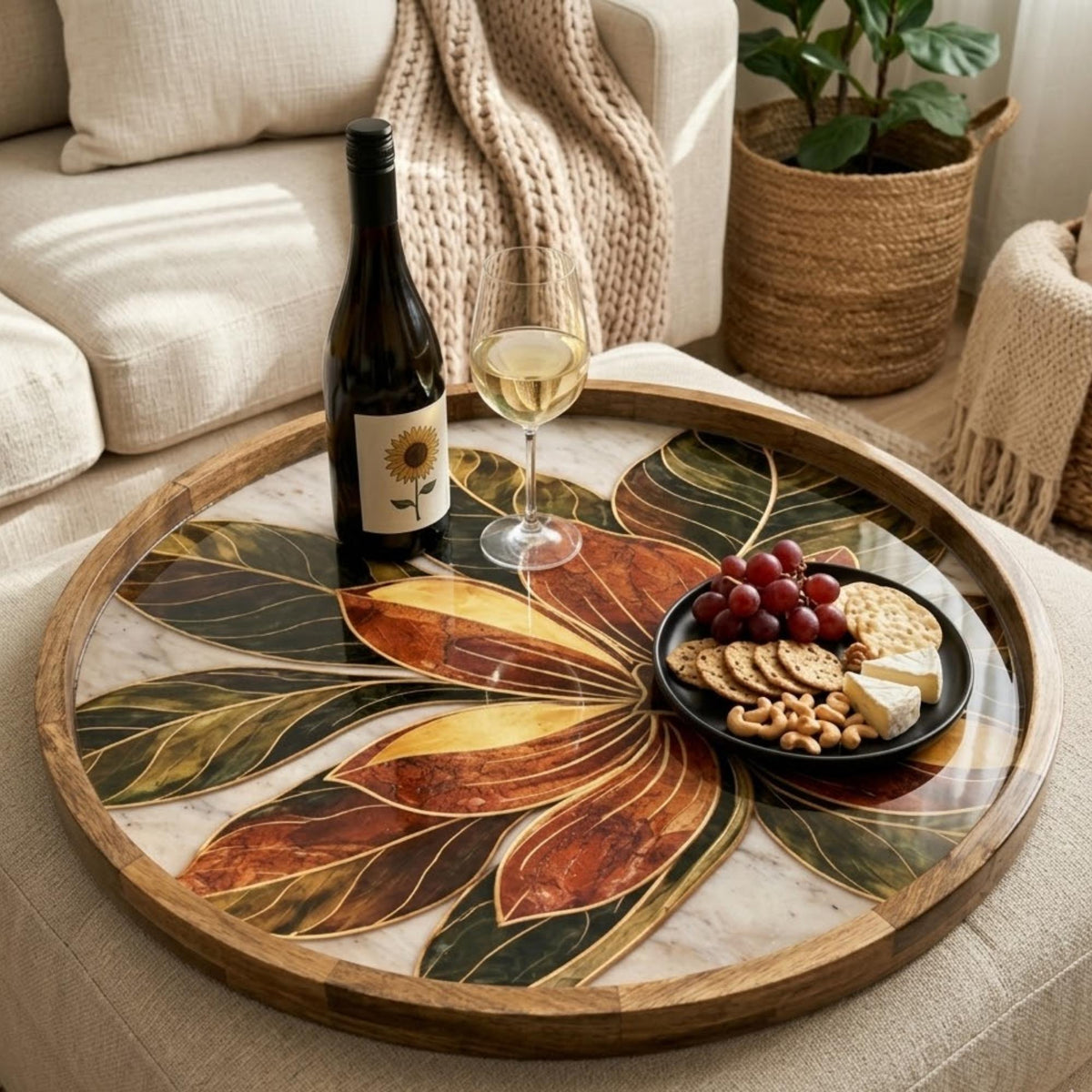 Styled view of the leaf & floral mango wood serving tray.