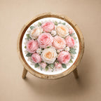 Top view of the pastel rose glass-top mango wood side stand, showing the printed design.
