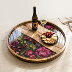 Pink Floral Mango Wood Serving Tray, shown from above with serving accessories.