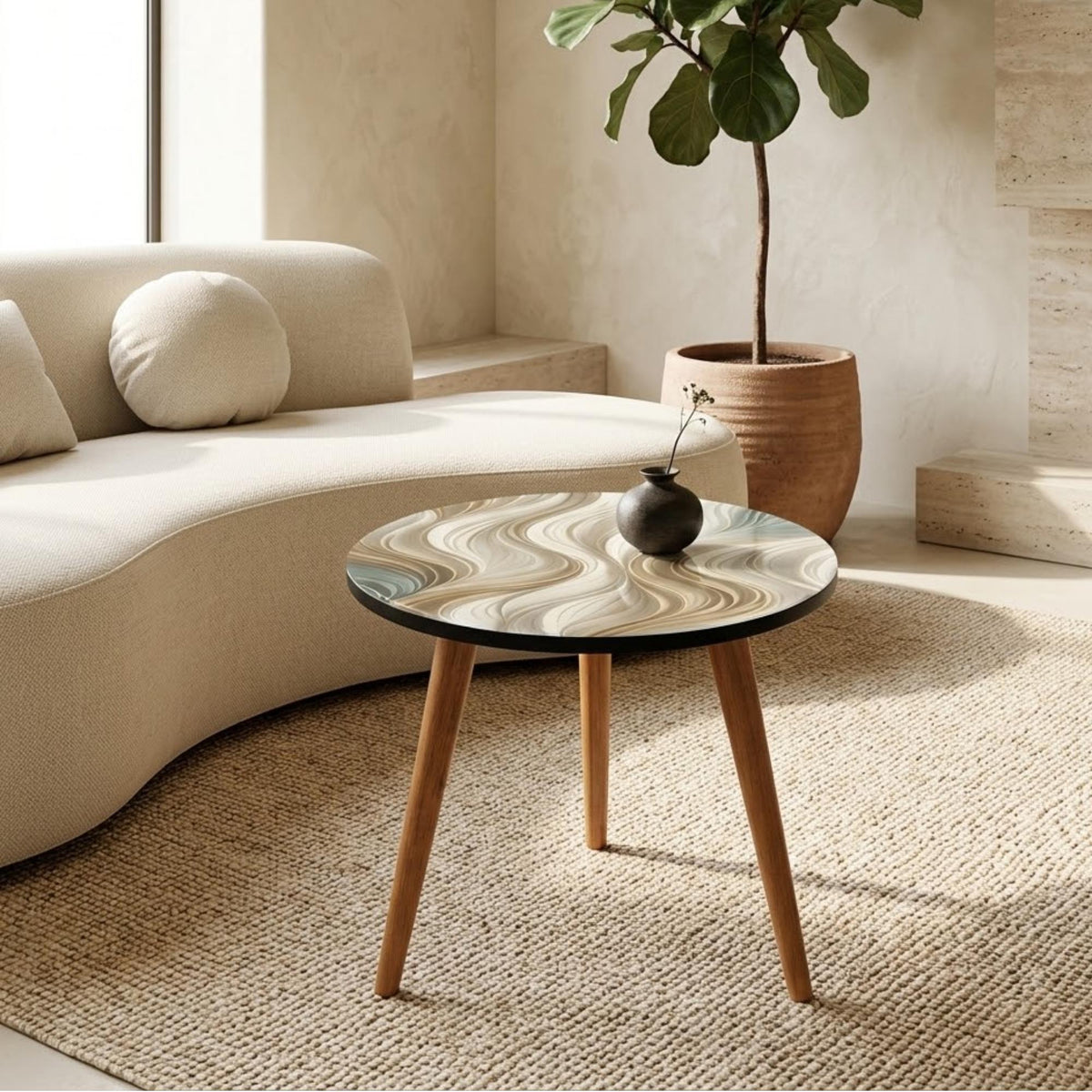 Ivory Wave Round Side Table, Glossy Lacquer, shown beside a sofa in a styled room.