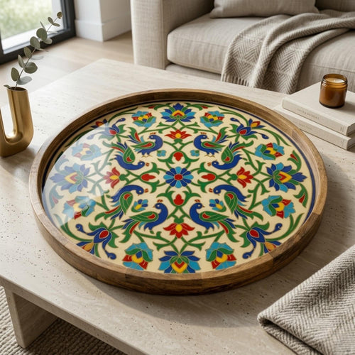 Angled view of the blue bird floral wooden serving platter.