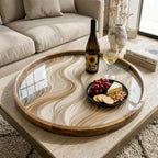 Styled view of the neutral wave mango wood serving tray.