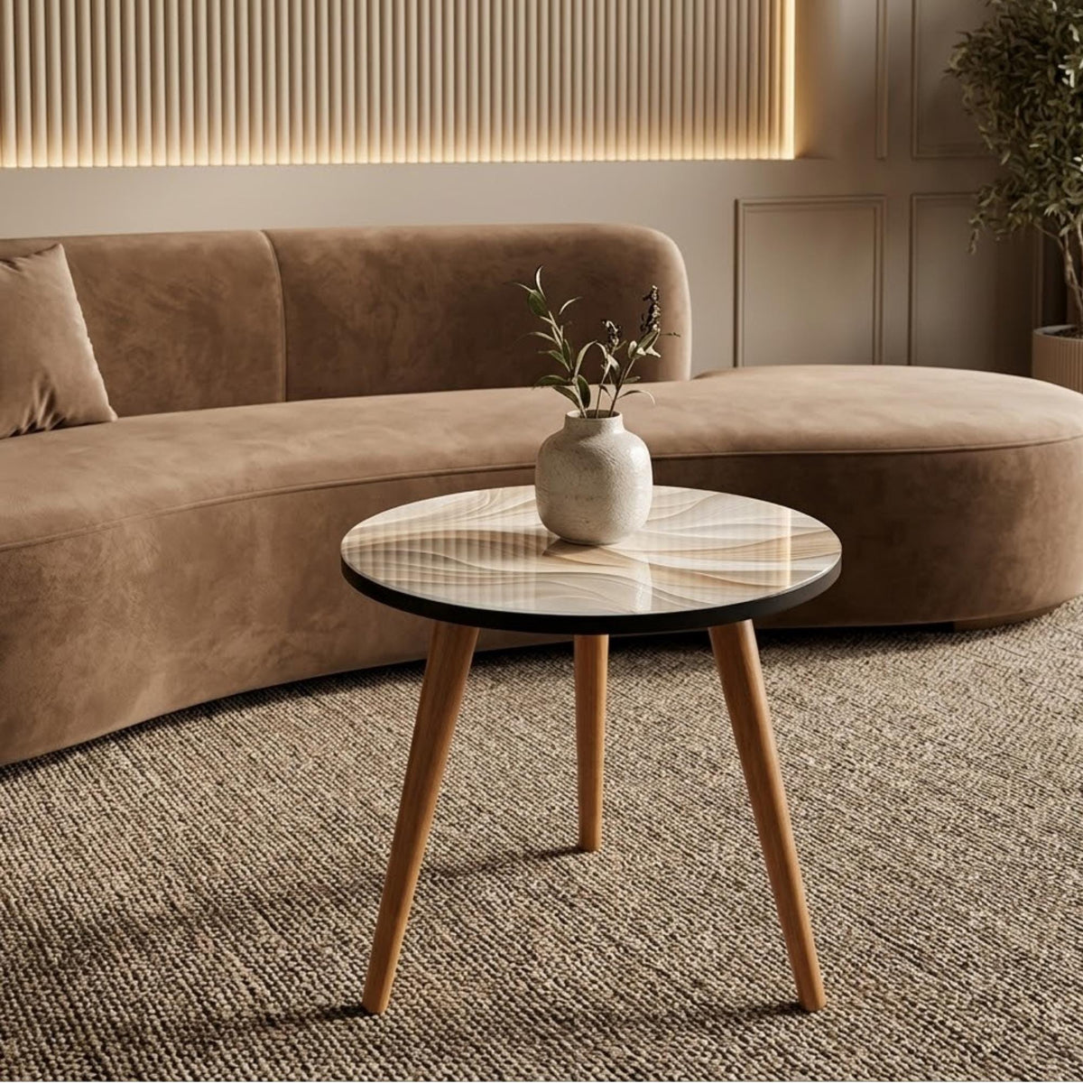 Abstract Wave Round Side Table, Glossy Lacquer, shown beside a sofa in a styled room.