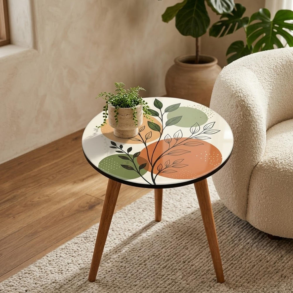 Japandi Botanical Print Round Side Table, shown beside a sofa in a styled room.