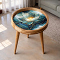 Styled view of the blue lotus mango wood side table.