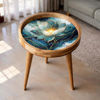 Styled view of the blue lotus mango wood side table.