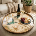Styled view of the bird & floral mango wood serving tray.