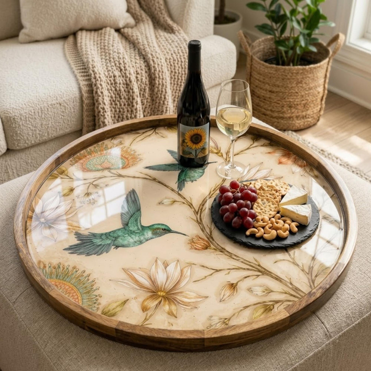 Styled view of the bird & floral mango wood serving tray.