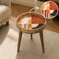 Abstract Geometric Mango Wood Side Table, styled in a room with an inset showing the printed artwork.