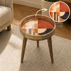Abstract Geometric Mango Wood Side Table, styled in a room with an inset showing the printed artwork.