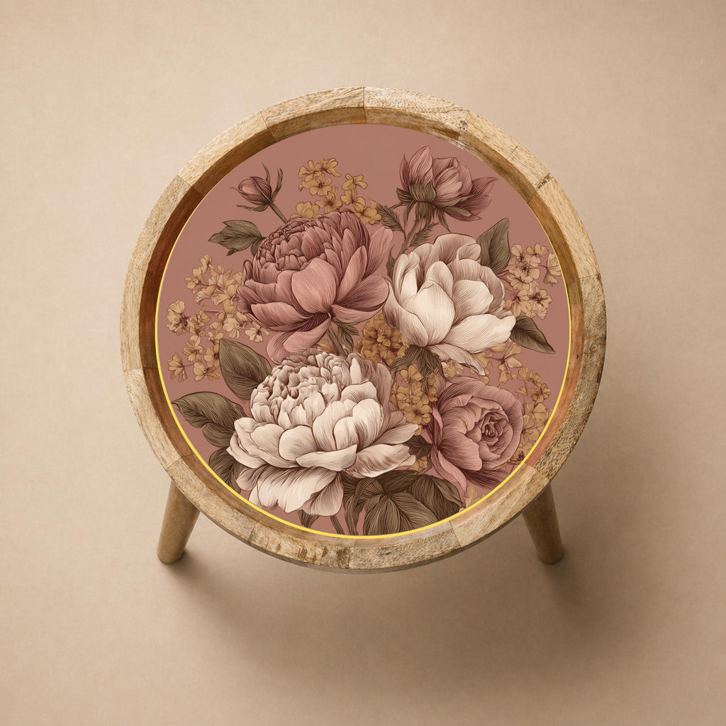 Top view of the vintage rose mango wood side table, showing the printed design.