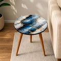 Top view of the blue geode print round side table, showing the printed design.