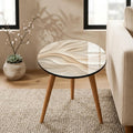 Styled view of the abstract wave round side table, glossy lacquer.