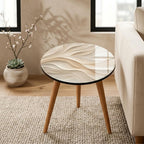Styled view of the abstract wave round side table, glossy lacquer.