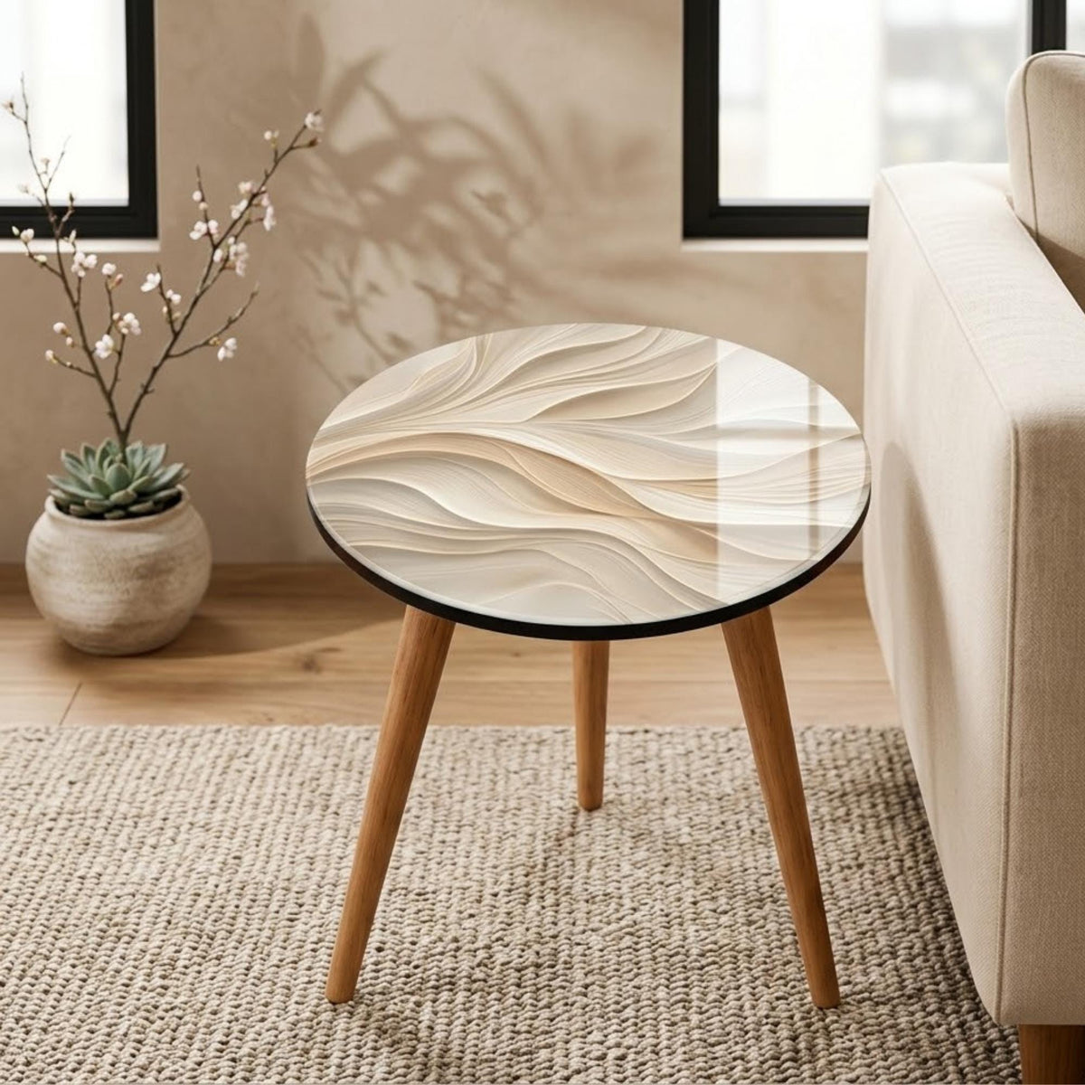 Styled view of the abstract wave round side table, glossy lacquer.