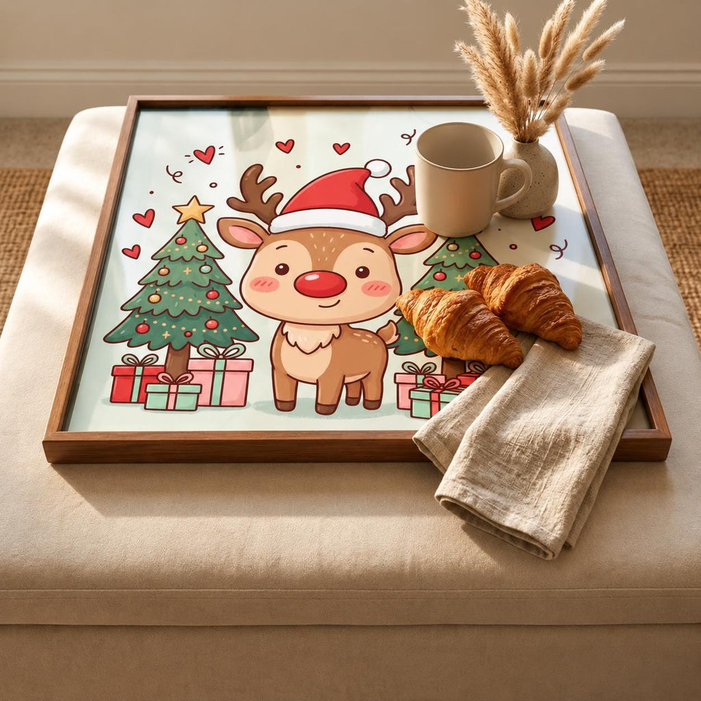 Styled view of the square reindeer christmas wooden tray.