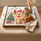 Styled view of the square reindeer christmas wooden tray.