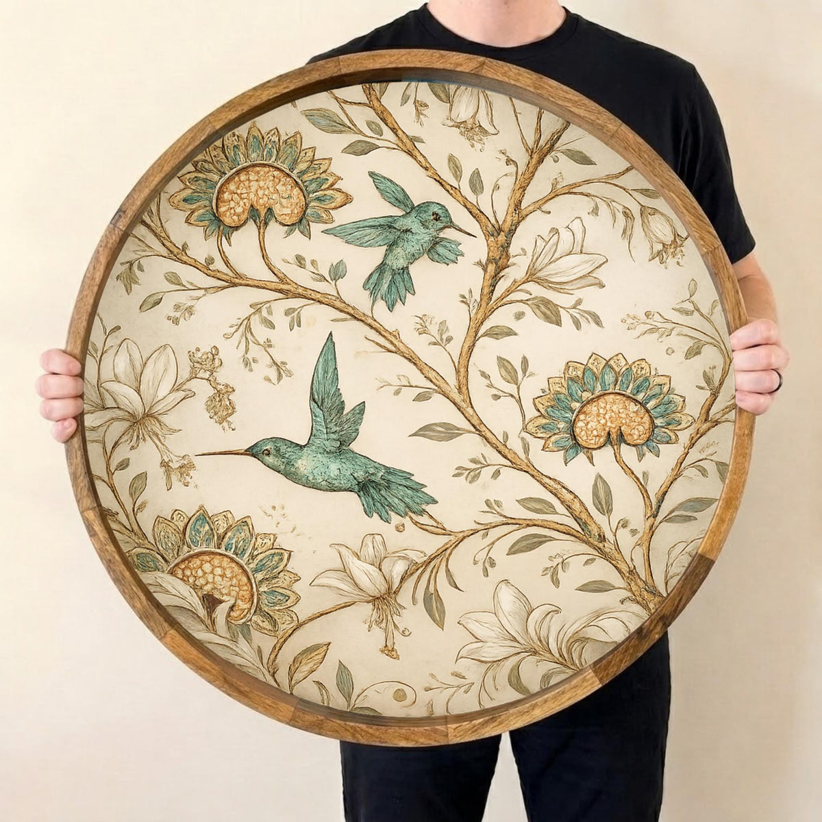 Hummingbird Floral Mango Wood Serving Tray, held upright to show the printed design and overall shape.