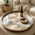 Styled view of the abstract swirl mango wood serving tray.