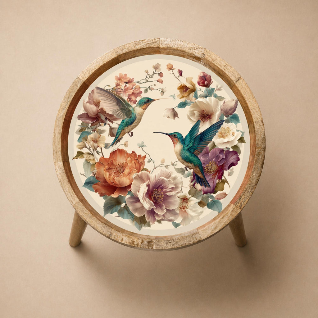 Top view of the hummingbird floral mango wood side stand, showing the printed design.