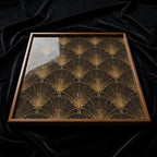 Top view of the black & gold leaf wooden serving tray, showing the printed design.