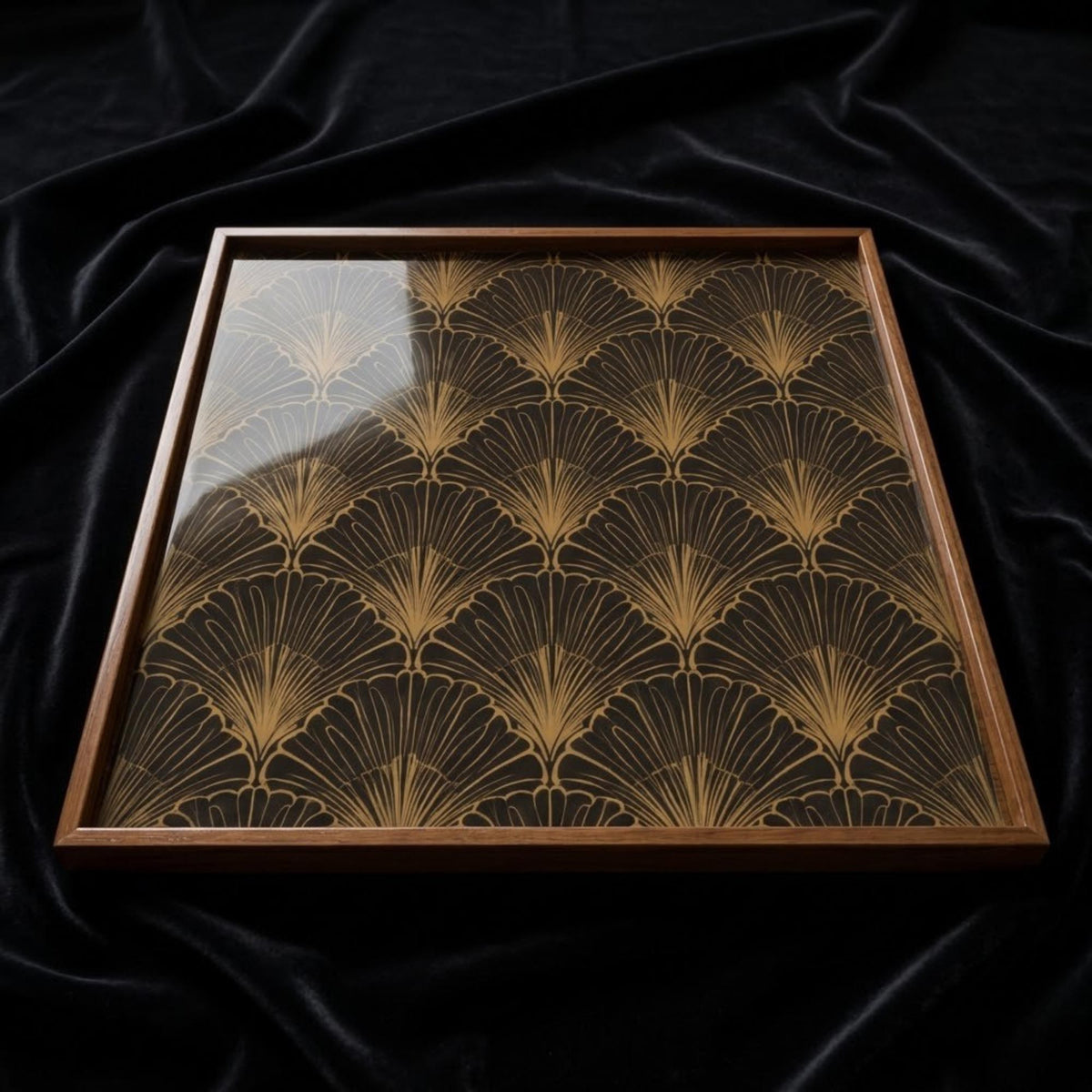 Top view of the black & gold leaf wooden serving tray, showing the printed design.