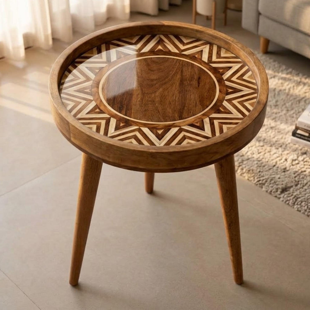 Top view of the geometric boho mango wood side table, showing the printed design.