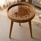 Top view of the geometric boho mango wood side table, showing the printed design.