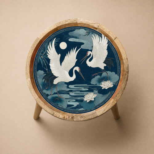 Top view of the crane bird mango wood side table, showing the printed design.