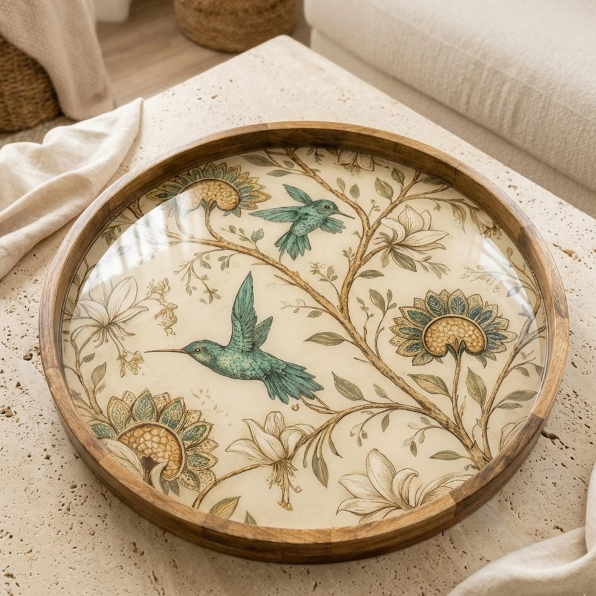 Angled view of the hummingbird floral mango wood serving tray.