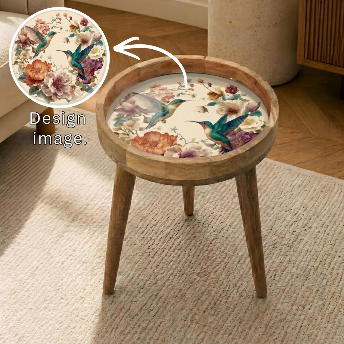 Hummingbird Floral Mango Wood Side Stand, styled in a room with an inset showing the printed artwork.