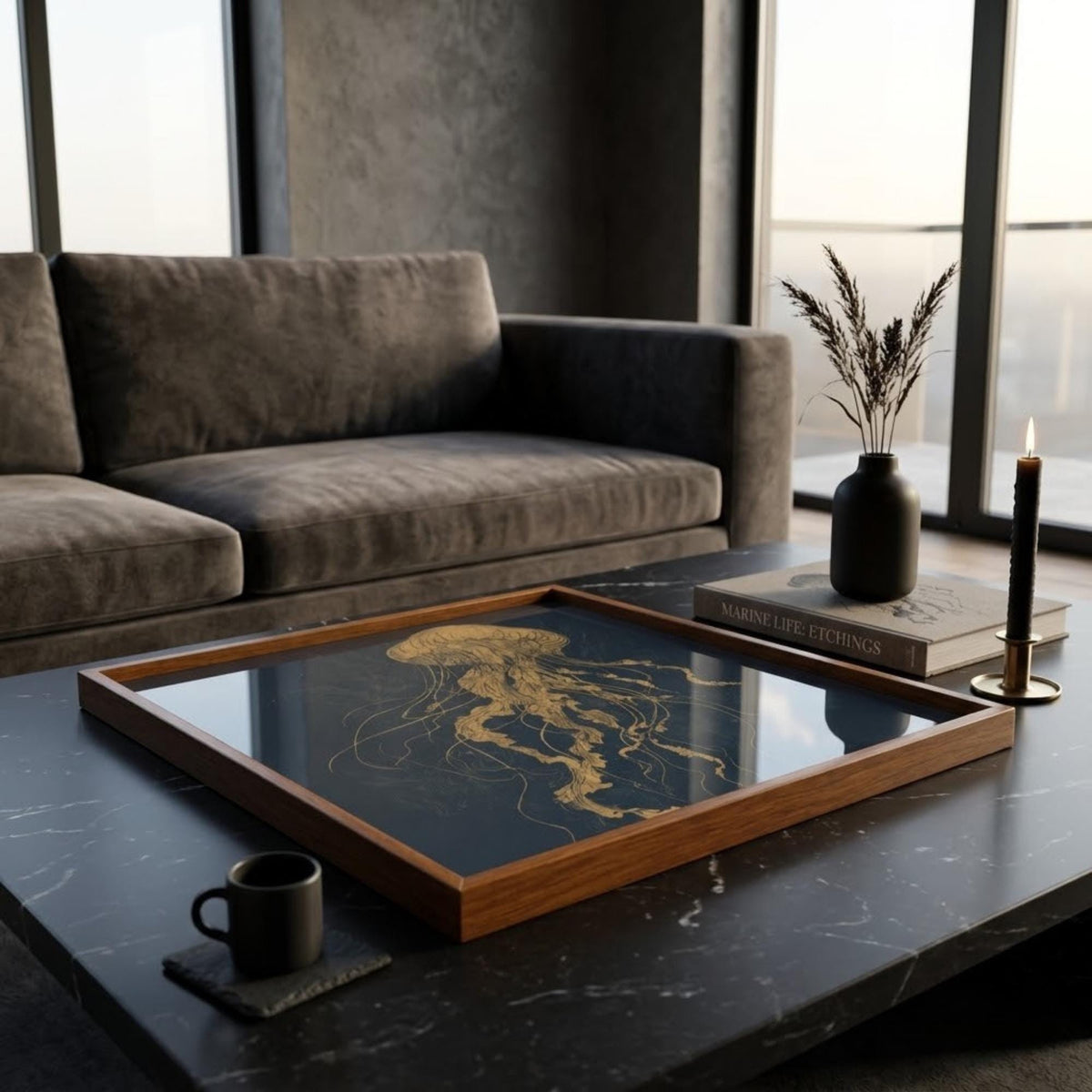 Golden Jellyfish Square Wooden Tray, shown beside a sofa in a styled room.