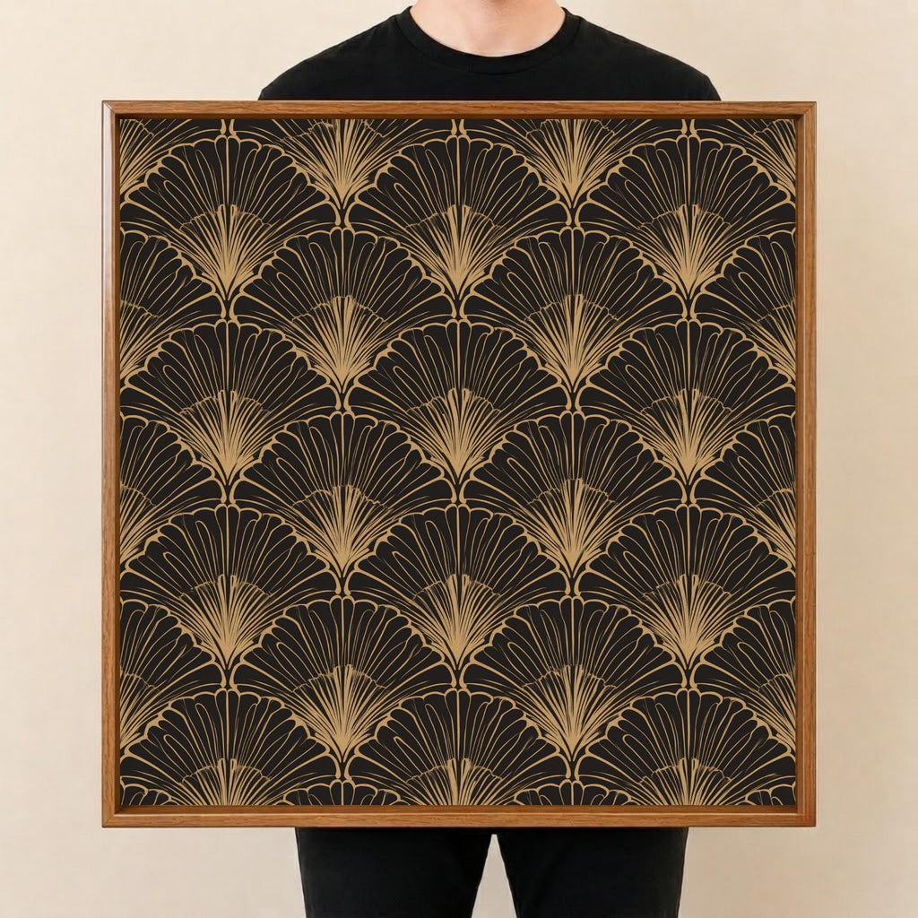 Black & Gold Leaf Wooden Serving Tray, held upright to show the printed design and overall shape.