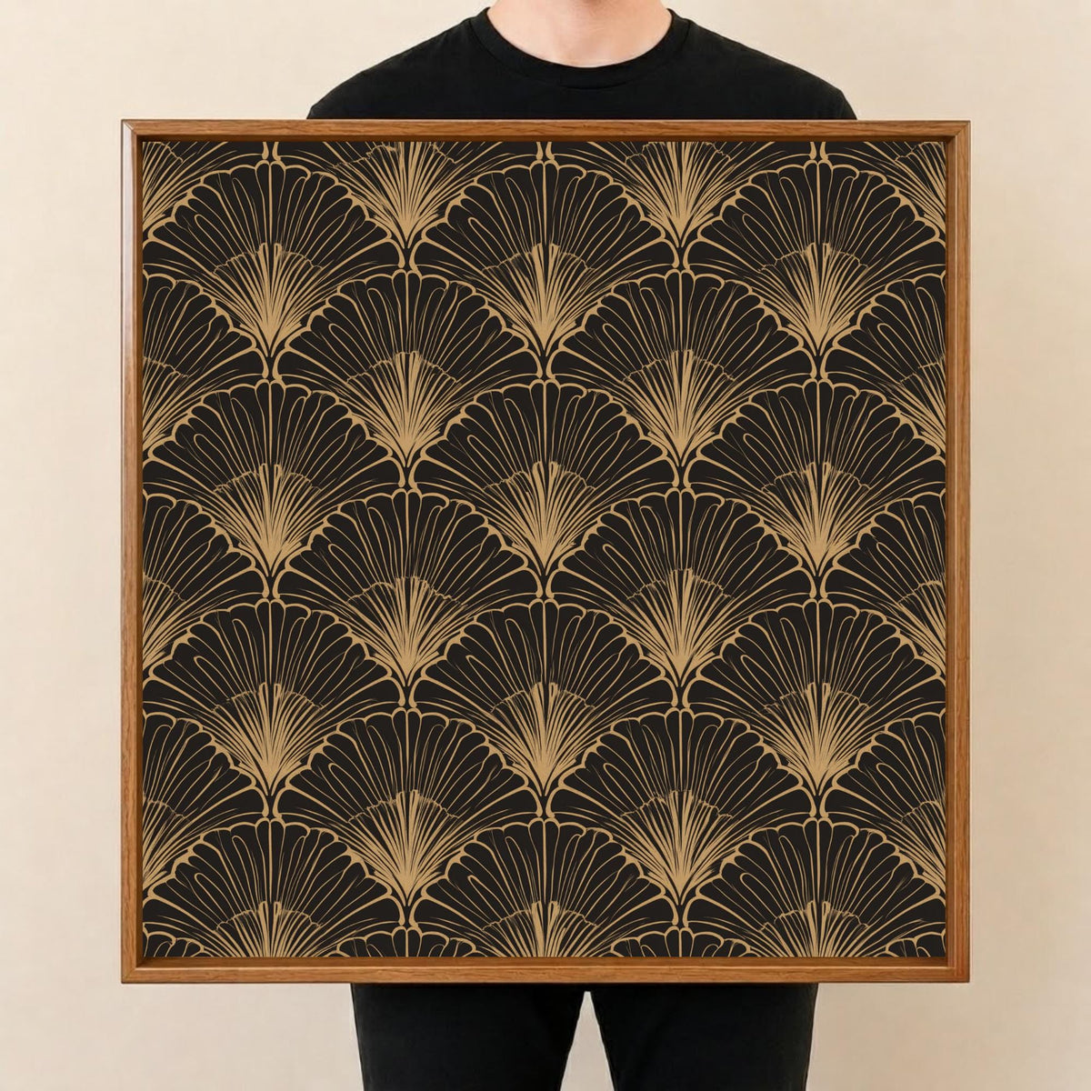 Black & Gold Leaf Wooden Serving Tray, held upright to show the printed design and overall shape.