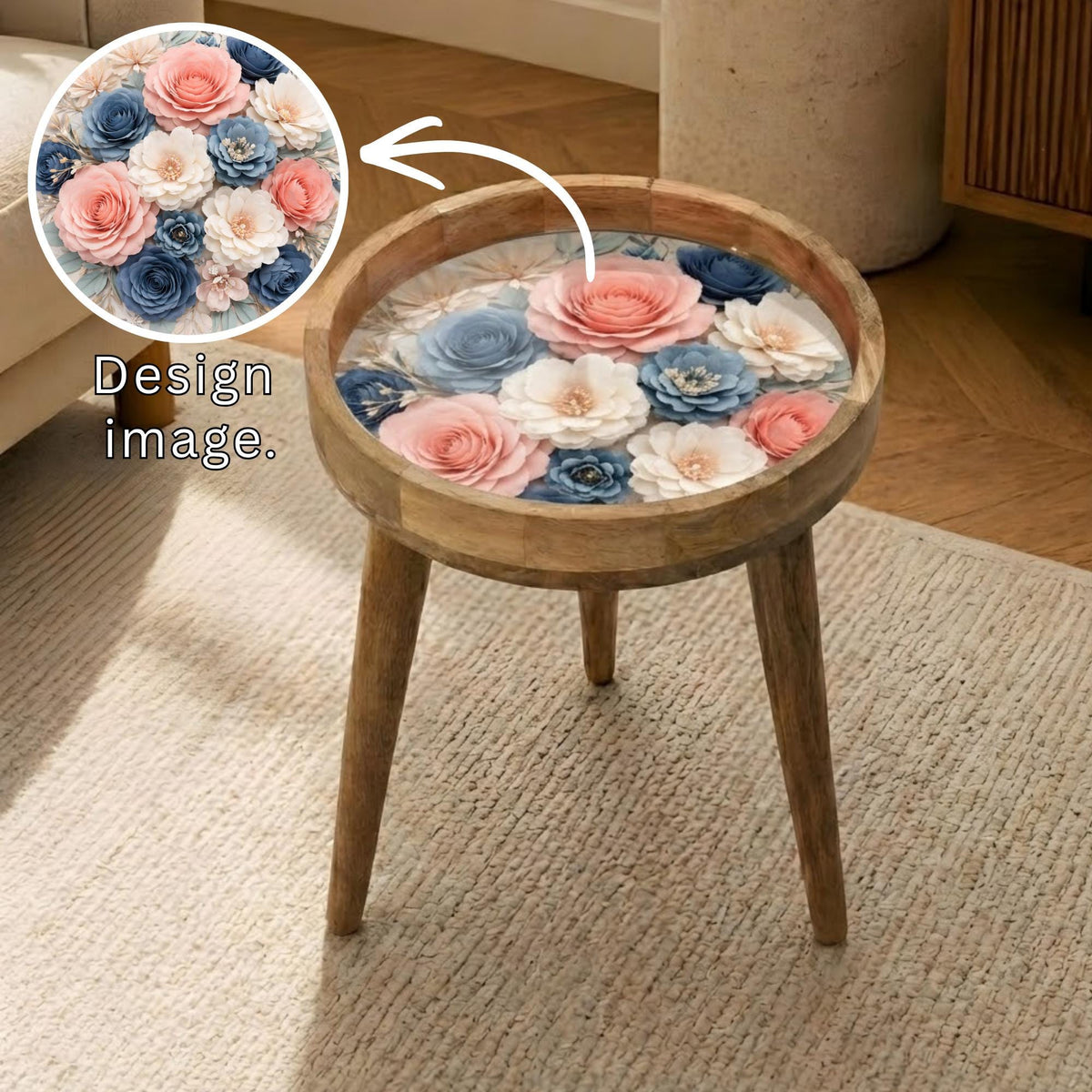 Vintage Floral Glass-Top Mango Wood Side Stand, styled in a room with an inset showing the printed artwork.