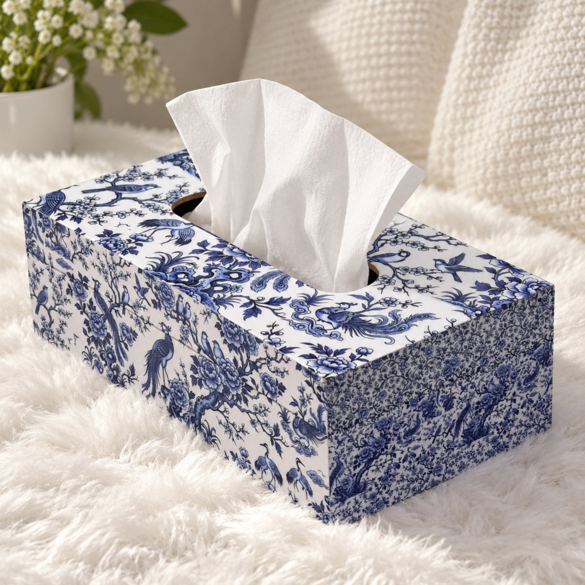 LacaOra Blue Bird & Floral solid MDF tissue box, product detail view