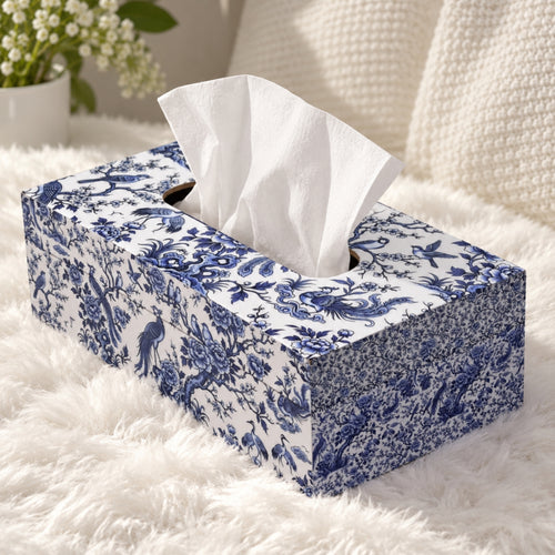 LacaOra Blue Bird & Floral solid MDF tissue box, product detail view